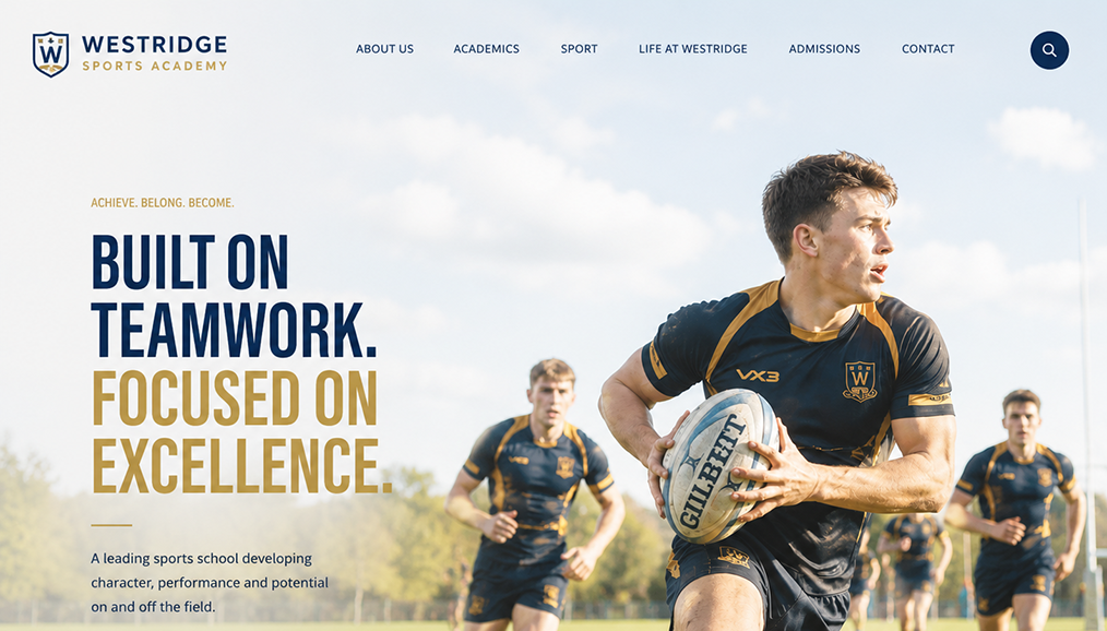 Sports academy school website design homepage with rugby player hero image and bold headlineome Page Design