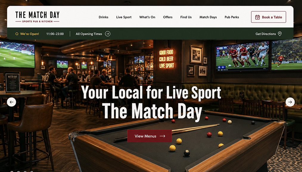 Sports pub website hero design with live sport messaging, opening times, directions and booking button