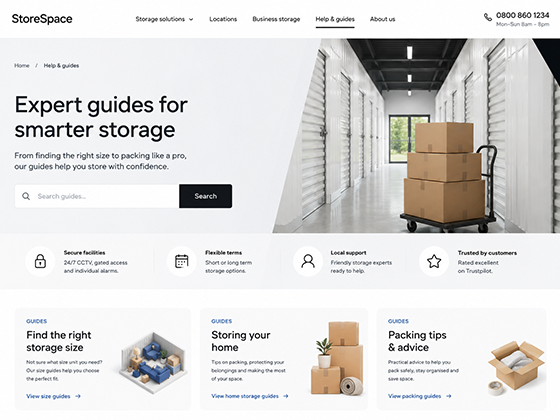 Storage guides blog page design with size, packing and home storage advice articles.