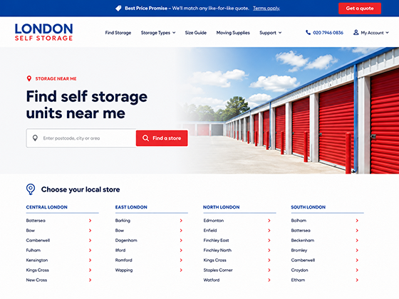 Self storage website design store finder page listing local units by London area.