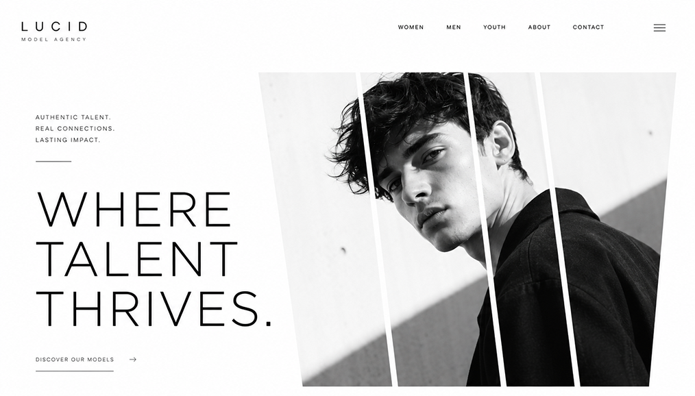 Talent agency homepage mockup with a sliced black-and-white model portrait and a bold display headline