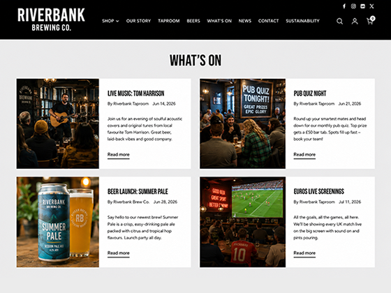 Taproom what’s on page design showing live music, pub quizzes, beer launches and sport screenings