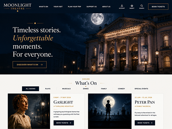 Theatre website design with book tickets navigation, What's On listings and production booking links