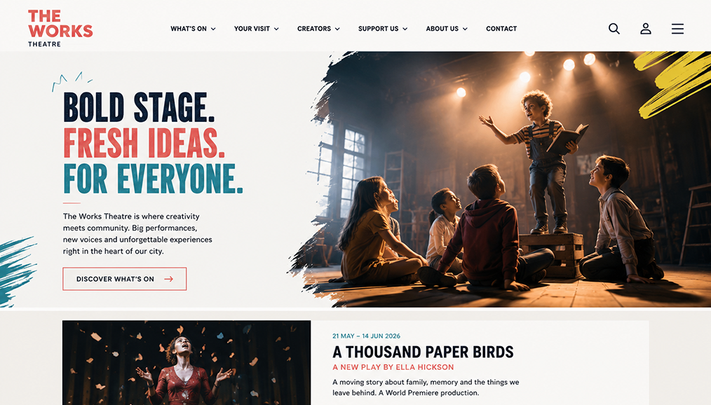 Theatre web design homepage showing bold hero, What's On production listings and new play feature