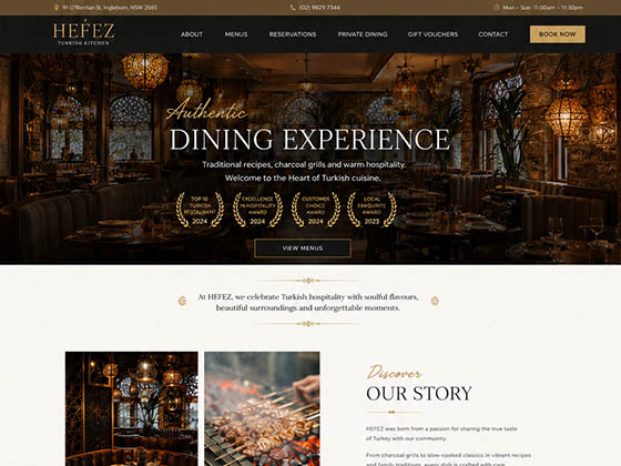 Turkish restaurant home page mockup with atmospheric hero image and story section