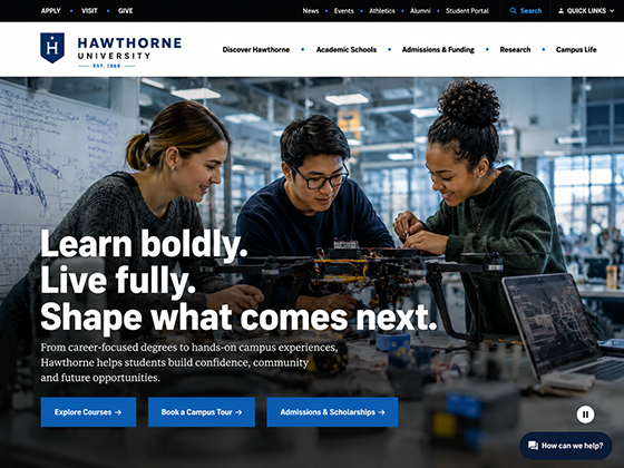 University homepage design showing students collaborating in a creative studio with course CTA