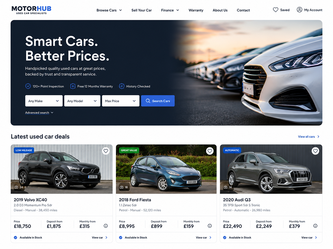 Used car dealer website homepage with stock search, warranty trust signals and finance examples