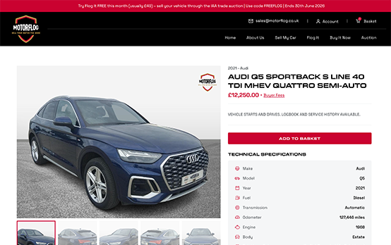 Car dealership vehicle detail page with gallery, technical specifications and enquiry prompt
