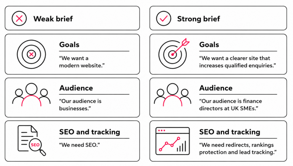 Comparison of weak and strong web design brief examples for goals, audience, SEO and tracking requirements