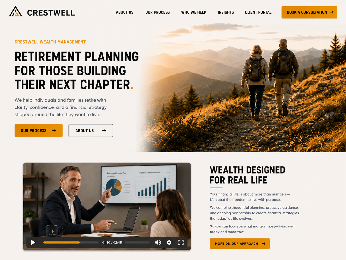 Wealth management website design with retirement planning hero and mountain lifestyle imagery