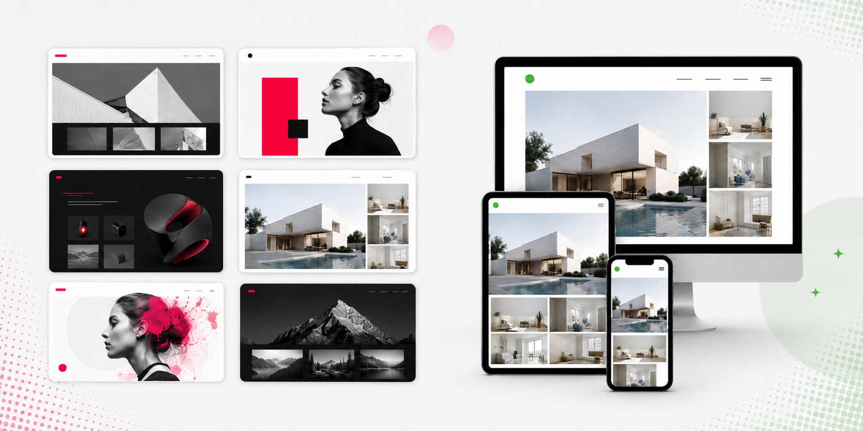 Portfolio examples compared with a live website shown across desktop, tablet and mobile