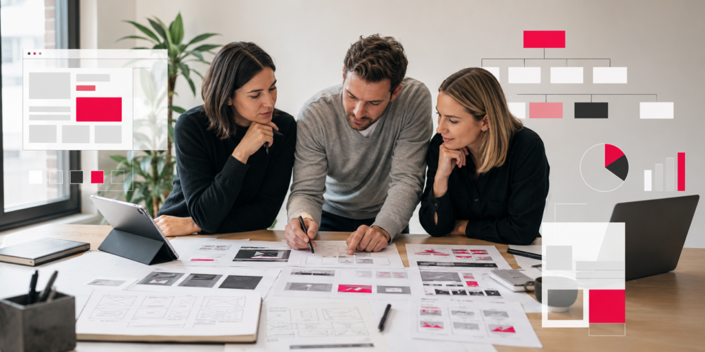 Team reviewing website wireframes, page layouts and project planning documents on a desk