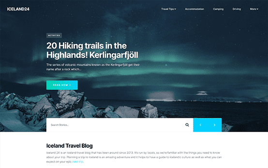 Website design for a travel blog with search and destination content