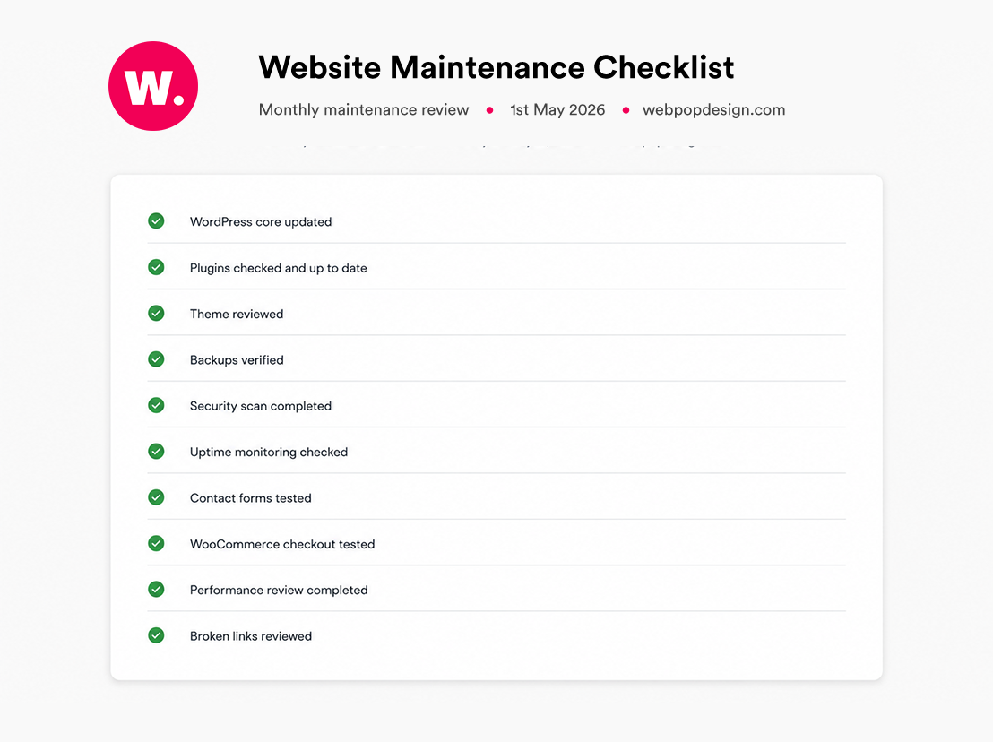 WordPress maintenance report showing website updates, backups, security checks and performance review