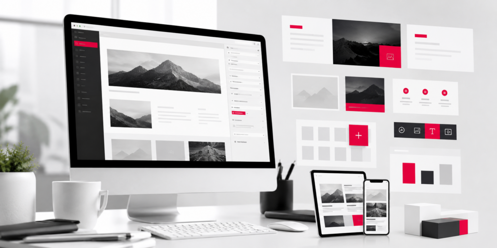 Desktop screen showing a WordPress-style editing interface with modular blocks and responsive previews